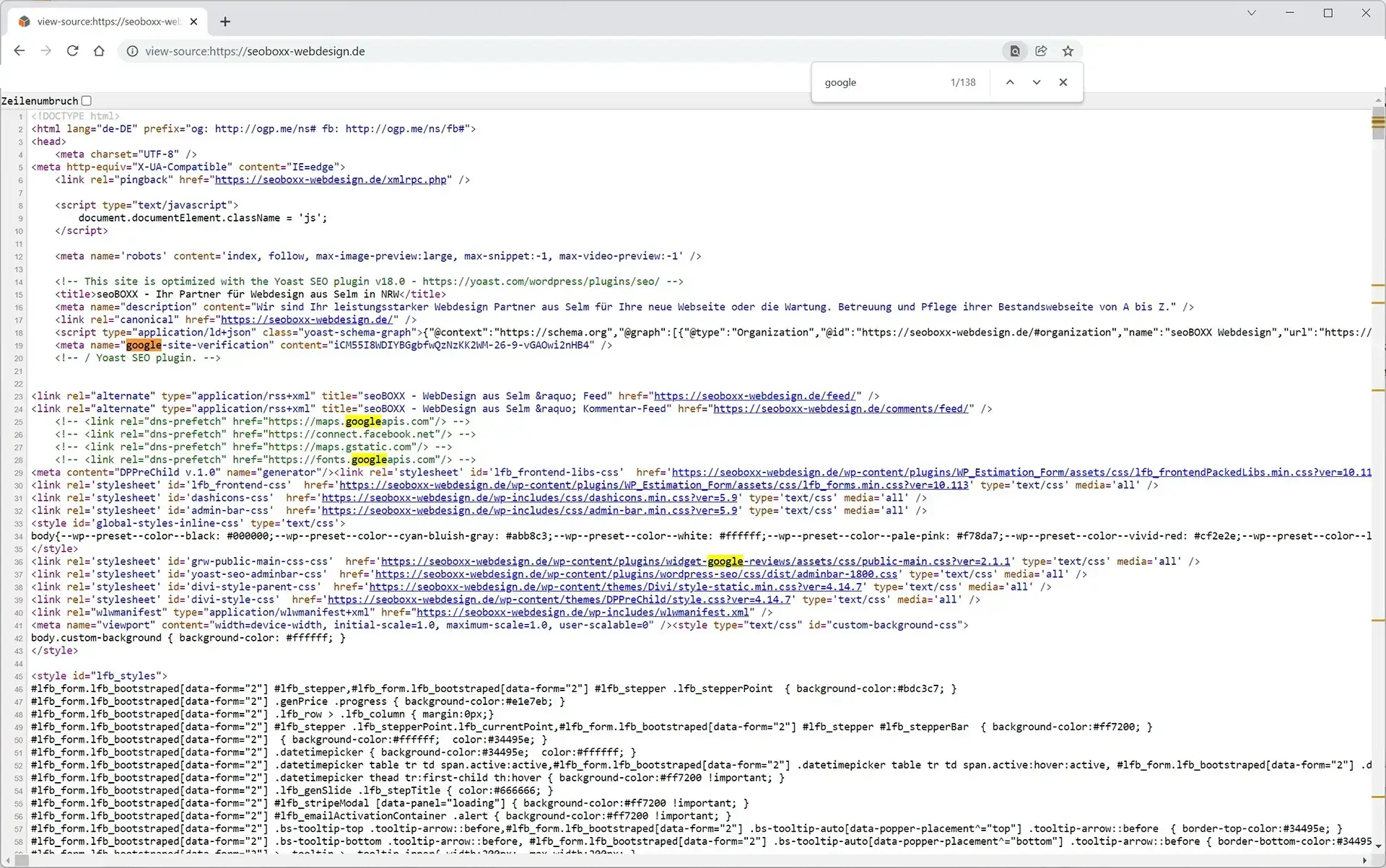 Datenschutz - Website Quellcodeansicht mit Suchfenster und markiertem Stichwort „google“ Datenschutz - Website Quellcodeansicht mit Suchfenster und markiertem Stichwort „google“