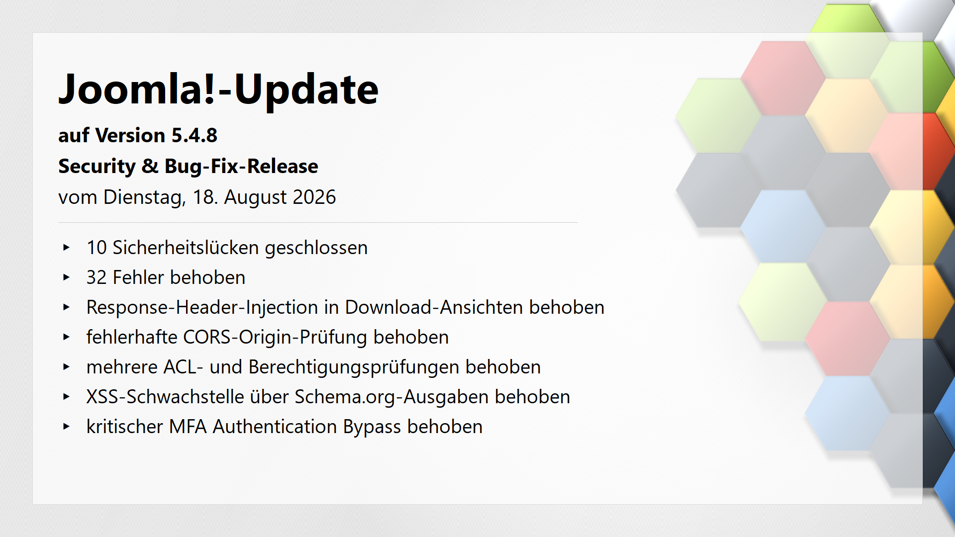 Joomla!-Update auf Version 5.4.8 am 18 August 2026 erschienen – Security and Bug-Fix Release