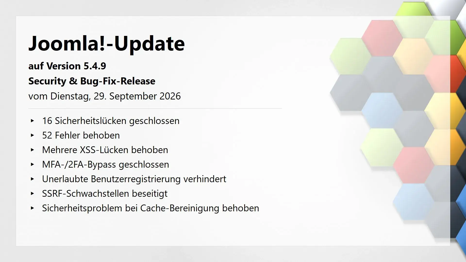 Joomla!-Update auf Version 5.4.9 am 29 September 2026 erschienen – Security and Bug-Fix Release