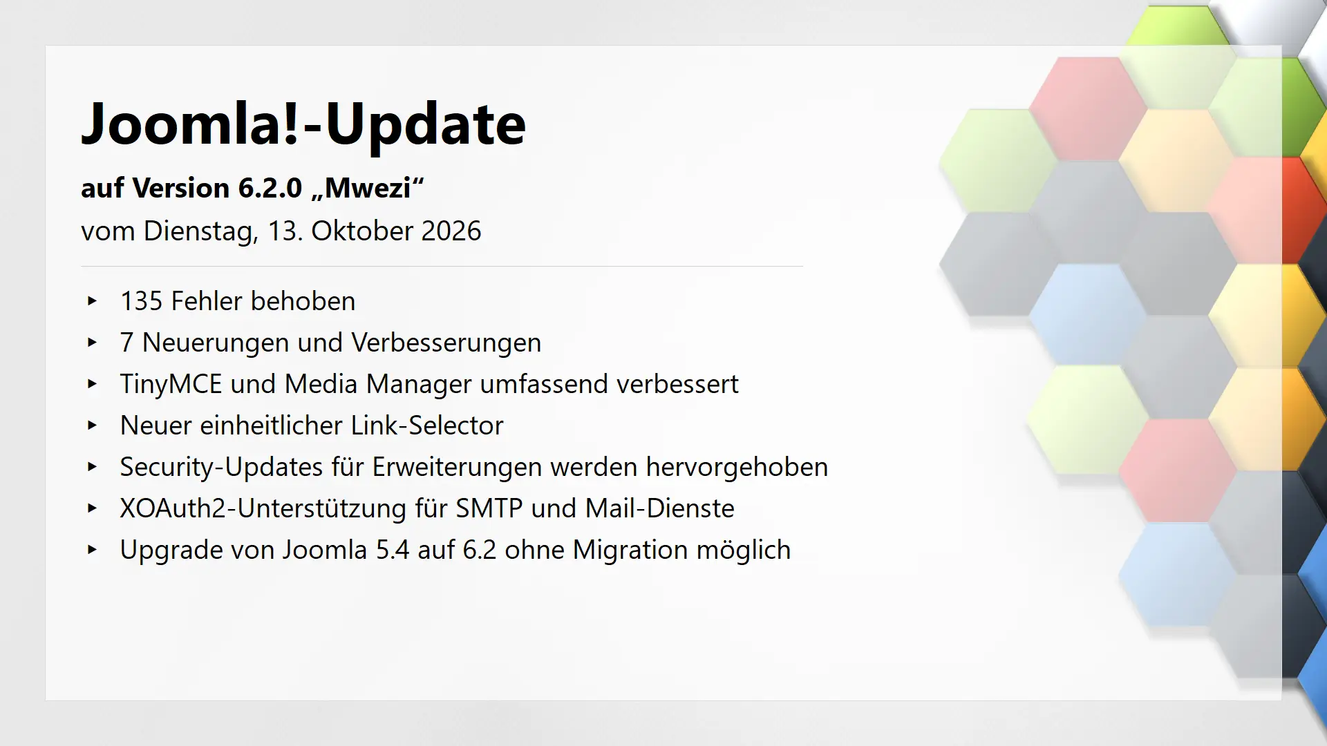 Joomla!-Update auf Version 6.2.0 Mwezi am 13 Oktober 2026 erschienen – Bug-Fix Release