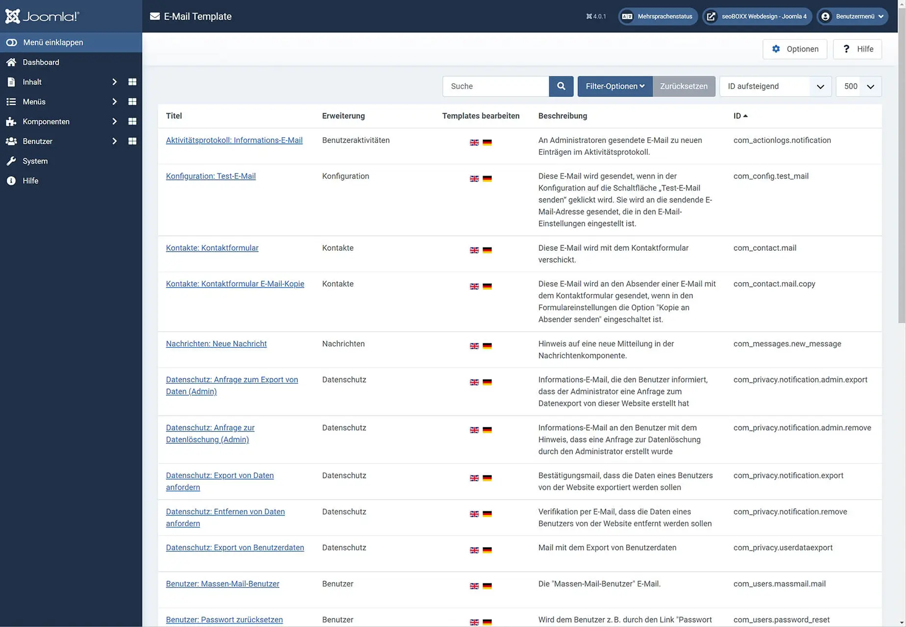 Joomla4! - E-Mail-Templates - Übersicht