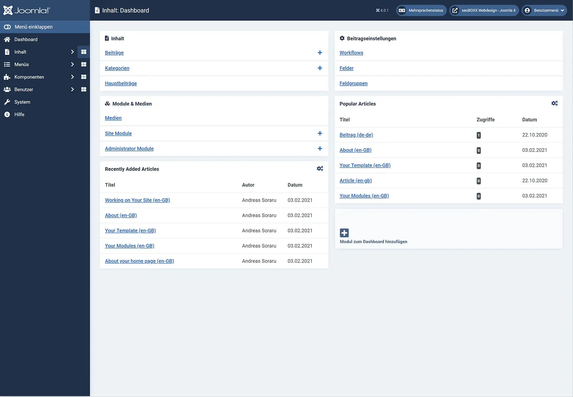 Joomla4! - Inhalte - Dashboard