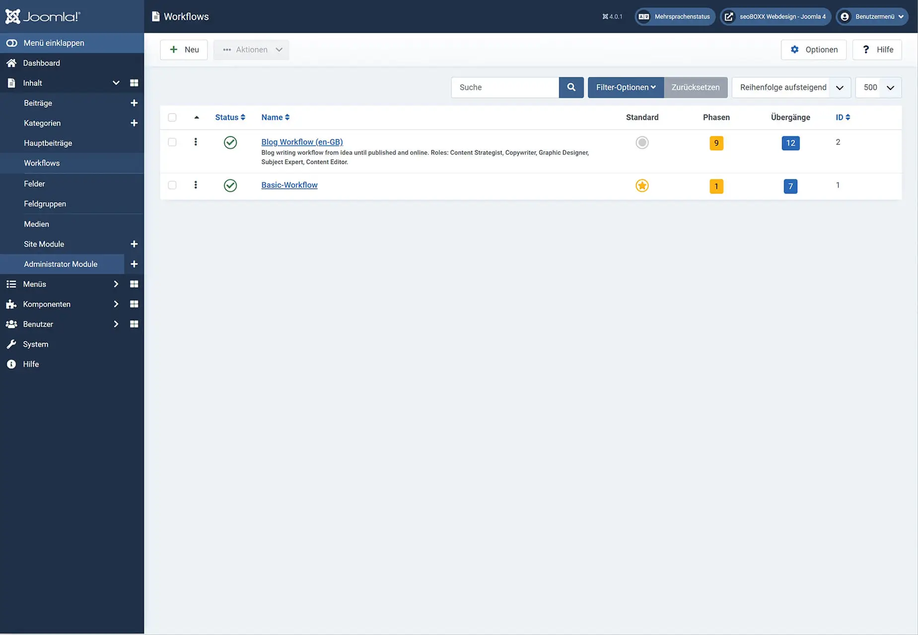 Joomla4! - Workflows - Übersicht