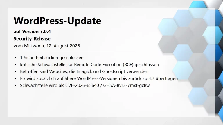 WordPress-Update auf Version 7.0.4 am 12. August 2026 erschienen - Security-Fix